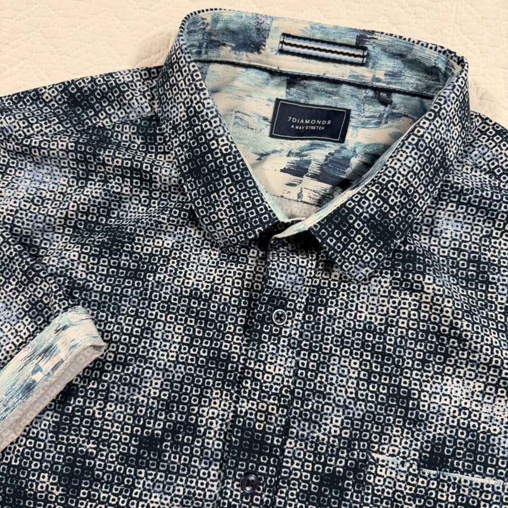 7 Diamonds Open Grid Shirt Mens XXL Blue 4-Way Stretch Geometric Short Sleeve